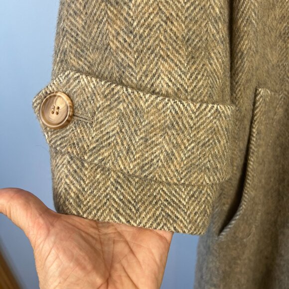 Vintage Perry Ellis Wool Tan Gray Tweed Double Breasted Coat Pockets Minimalist - Picture 4 of 11